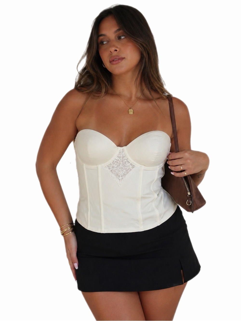 90s Vintage Maidenform Strapless Boned Corset Bustier w Lace Insert (Ivory) L/XL